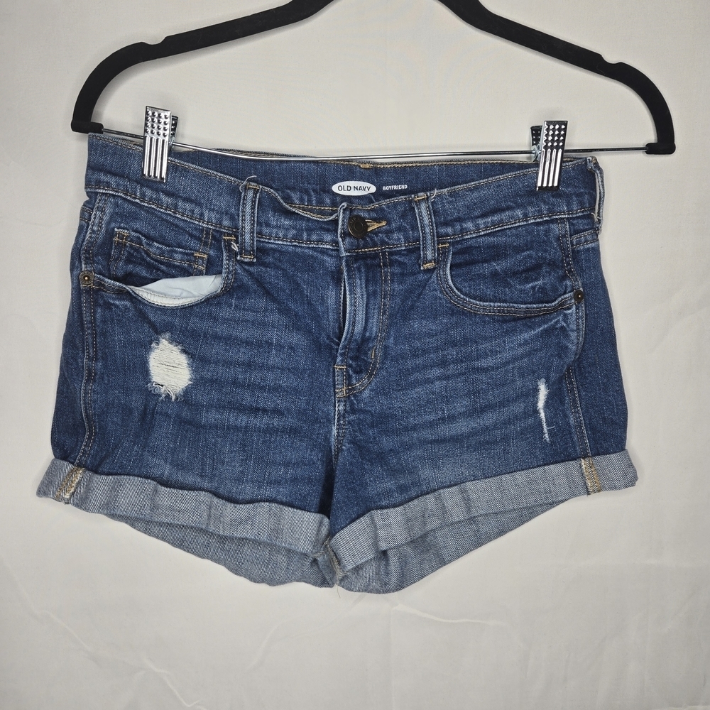 Old Navy Size 2 Women's Blue Denim Jean Cuffed Shorts Semi Distressed